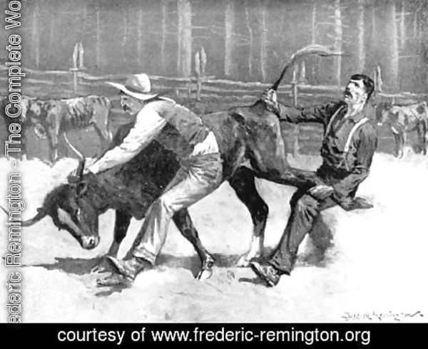 Frederic Remington - Cowboys wrestling a bull