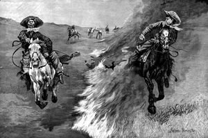 Frederic Remington - Dragging a Bull's Hide over a Prairie Fire in Northern Texas